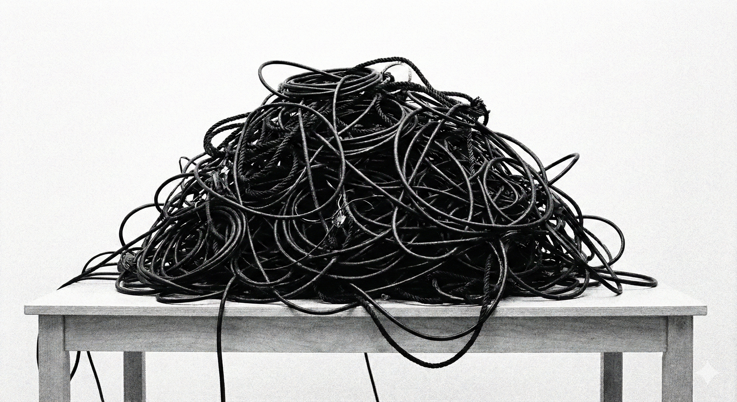 Leader staring at a chaotic knot of wires