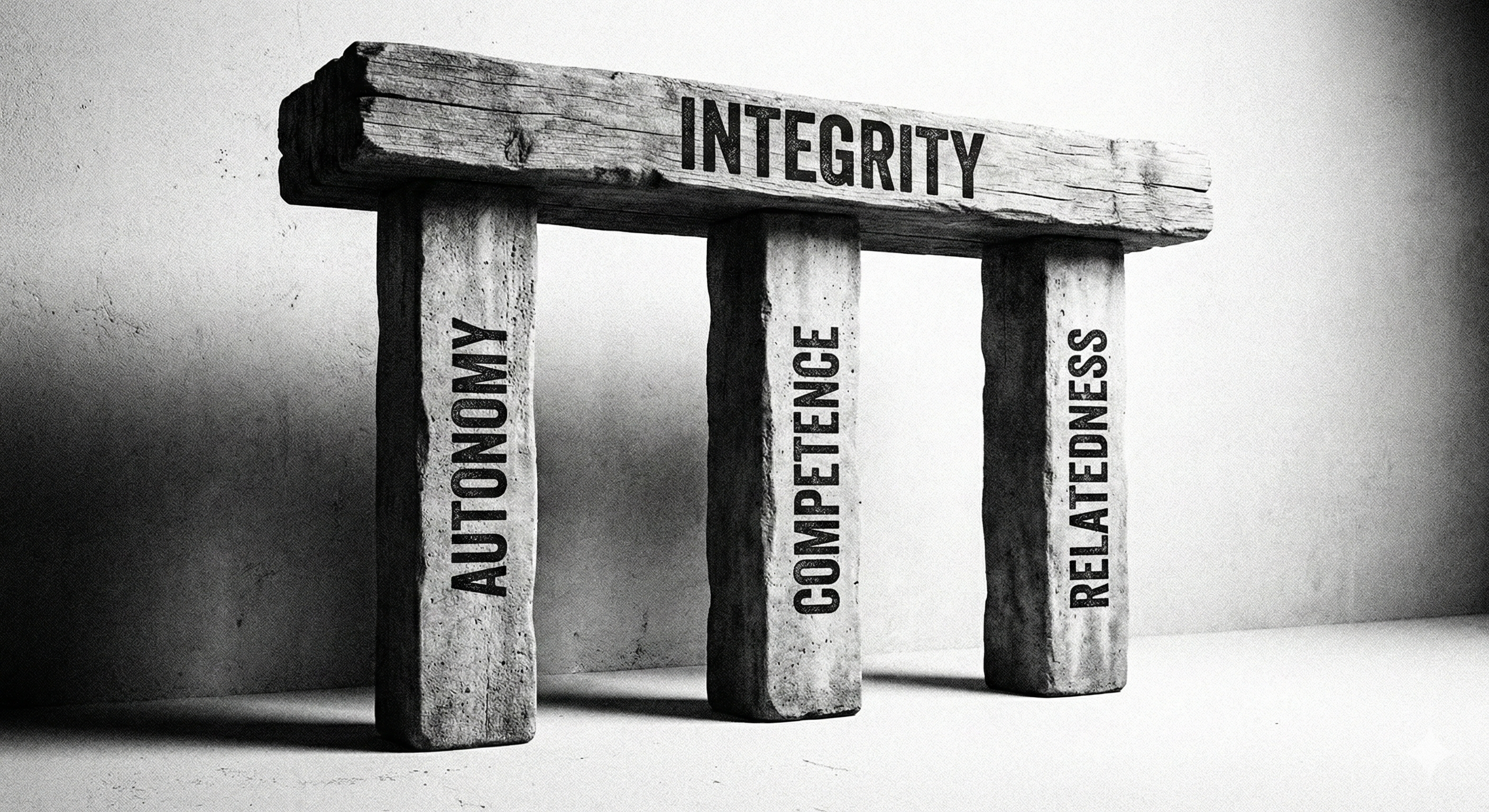 Three pillars (Autonomy, Competence, Relatedness) holding up the roof of Integrity